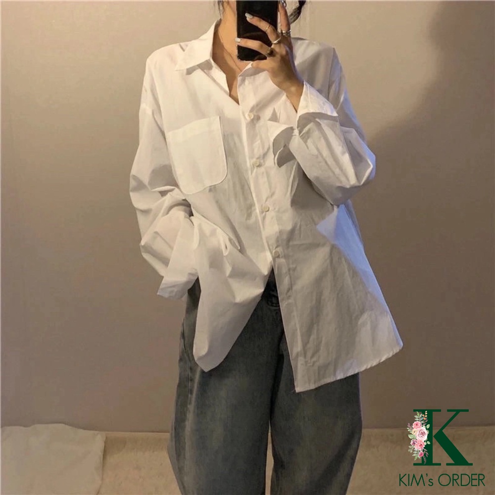 Áo sơ mi nữ màu trắng cổ sơ mi dài tay phom rộng chất mềm mịn loại 1 basic style Hàn Quốc đi học đi làm đủ size