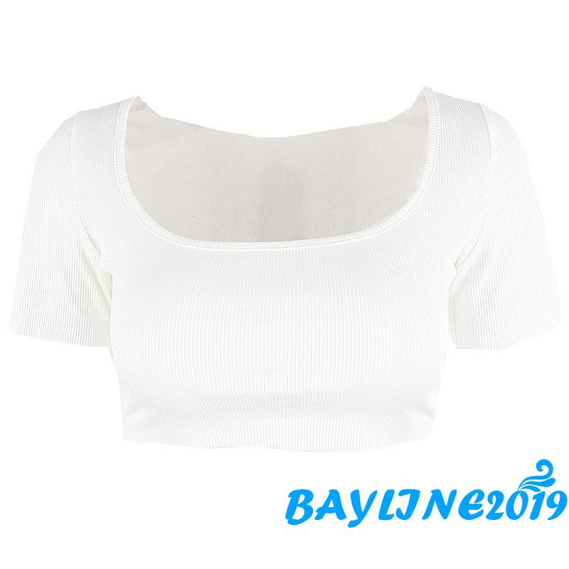 Áo thun gân croptop tay ngắn cổ vuông màu trơn thời trang cho nữ