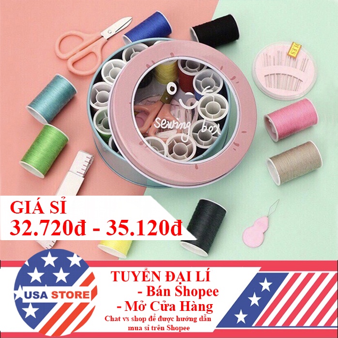 Bộ Hộp Kim Chỉ May Vá Hộp Nhôm Tròn Đầy Đủ Gia Đình - Kim Khâu, Chỉ, Kéo, Thước Dây