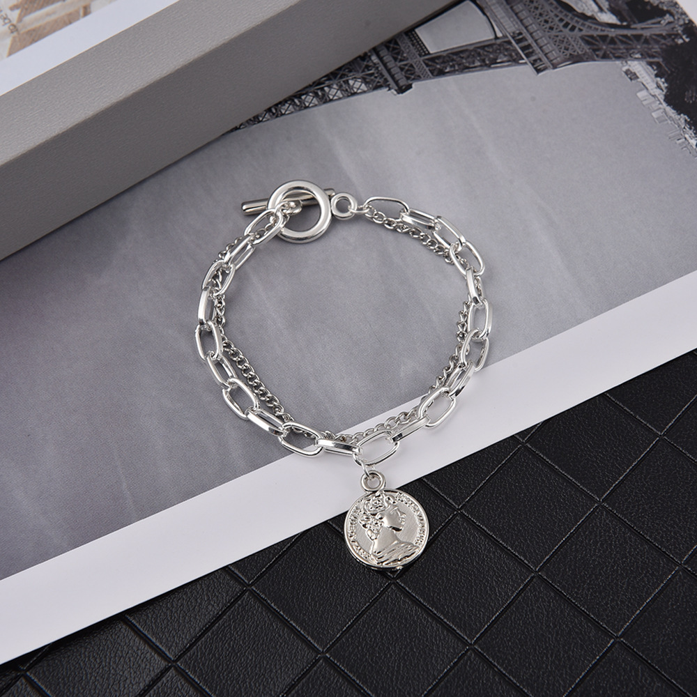 Retro doble capa pulsera estilo coreano moneda de oro colgante pulsera para pareja mujeres moda accesorios de joyería