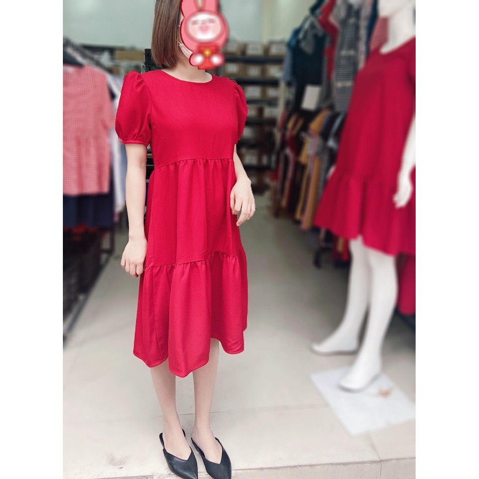 Váy bầu bigsize - Đầm bầu thiết kế GuMe 2 màu đỏ,đen dáng 3 Tầng Nơ Buộc Lưng chất vải sạn lụa size từ 40-100kg MB123