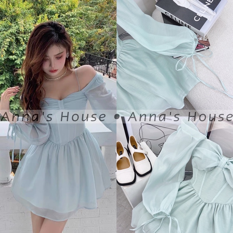 HÌNH THẬT - Đầm voan 2 dây rớt vai nơ ngực tay dài