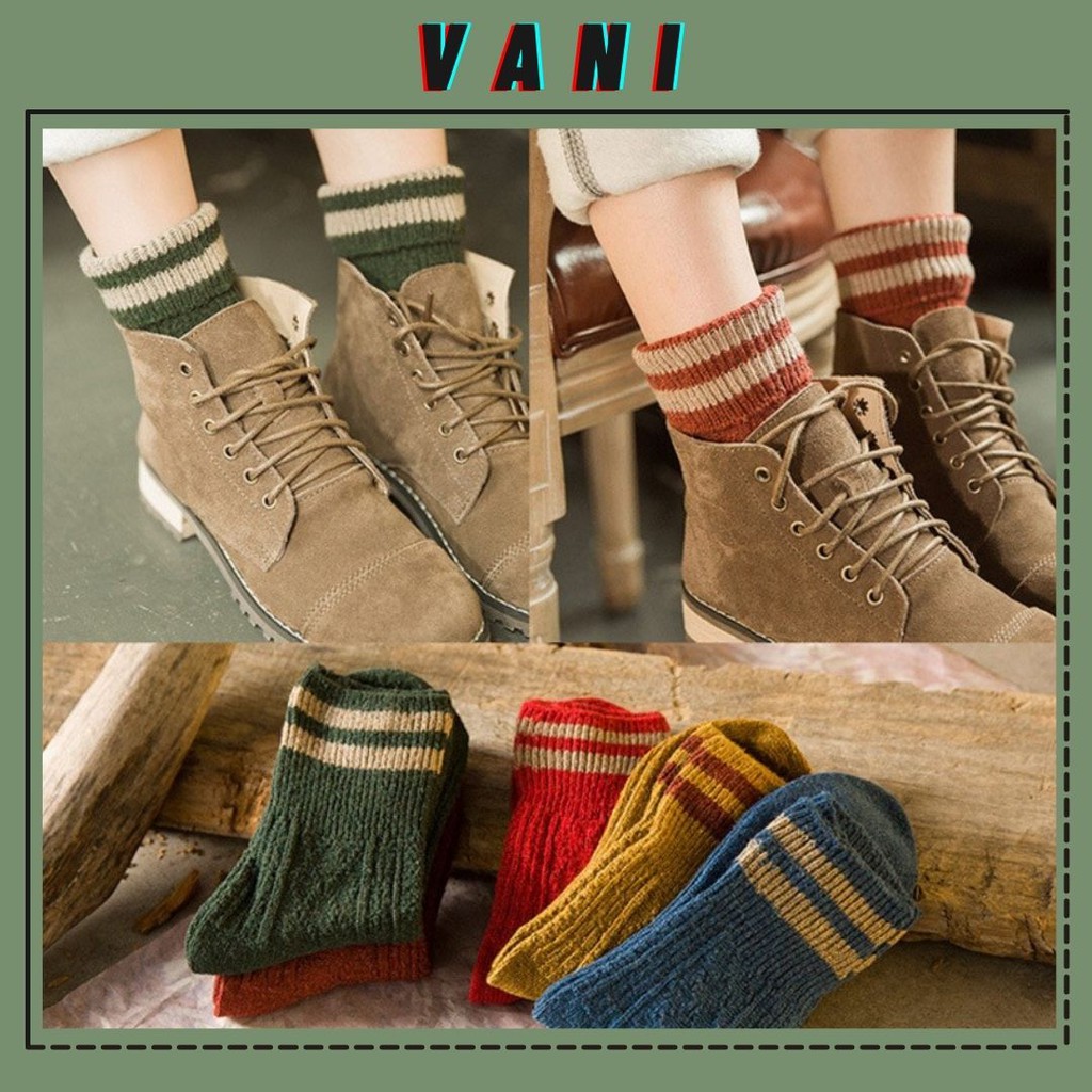 Tất Len Thu Đông Cổ Cao Giày Boot Viền 2 Sọc Phong Cách Vintage - Vani Store