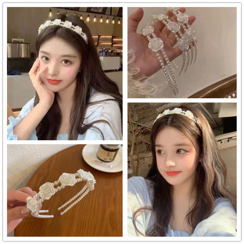 Băng Đô Cài Tóc Hai Lớp Đính Hoa Hồng Ngọc Trai Phong Cách Hàn Quốc Ngọt Ngào Cho Nữ