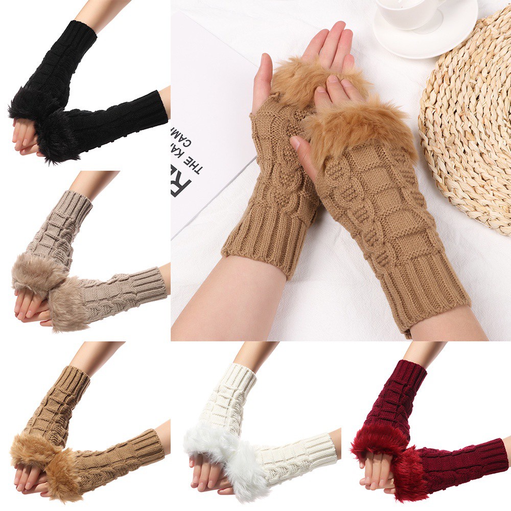 MIHAN1 Women Girls Knitted Gloves Keep Warm Faux Rabbit Hair Gloves Winter Mittens Elastic Fashion Outdoor Thicken Half Finger/Multicolor