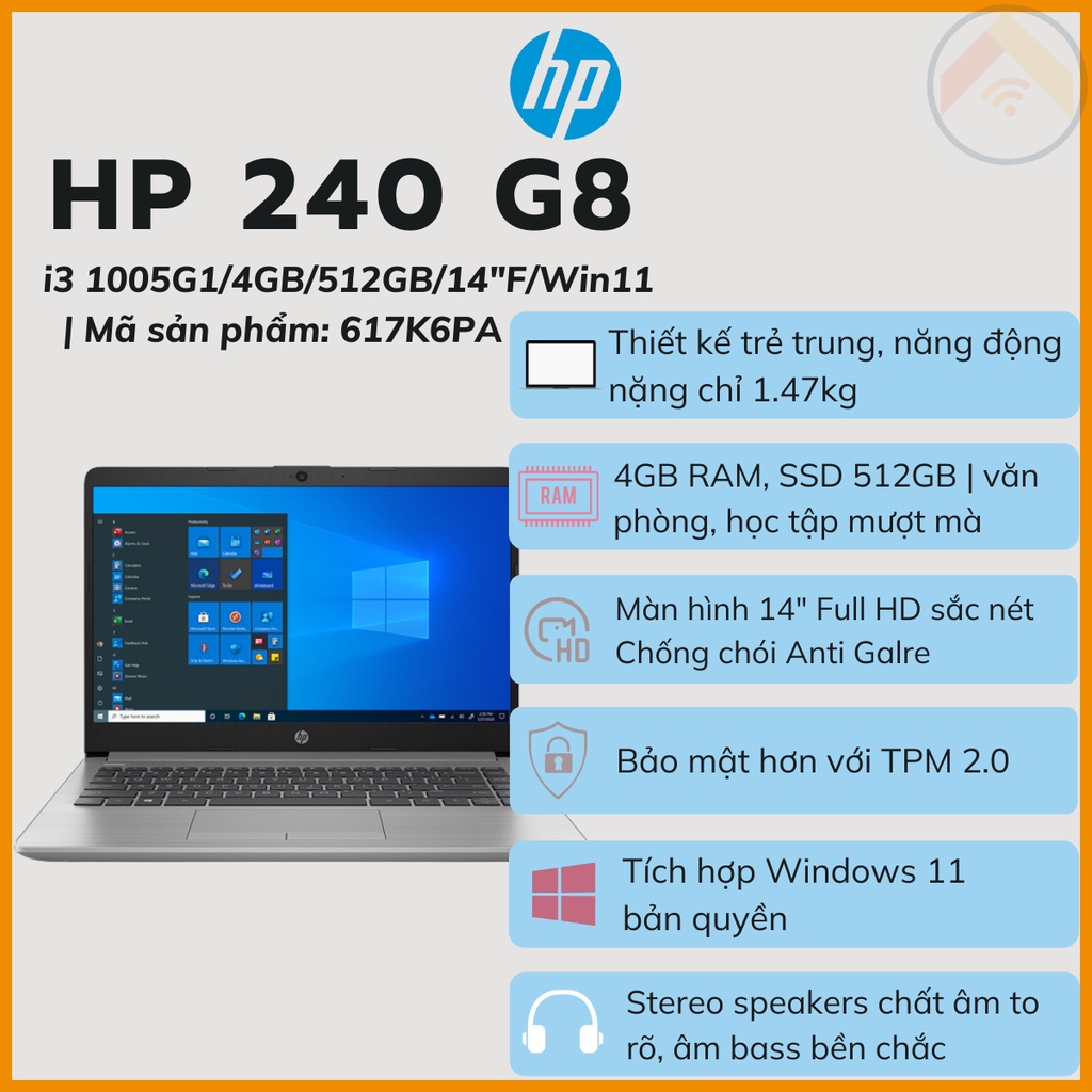 Laptop doanh nghiệp HP 240 G8 Intel i3 1005G1 Ram 4GB SSD 512GB màn hình 14"FHD Win11  Bạc