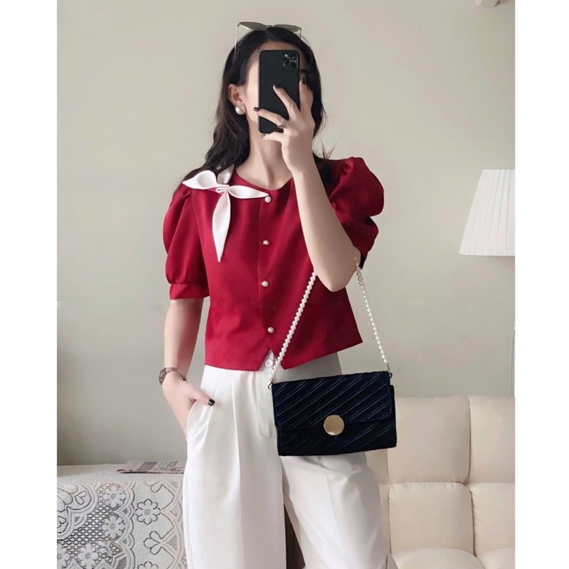 Áo sơ mi kiểu hàn quốc trẻ trung xếp bốn cánh hoa chất liệu trượt hàn mềm mịn không nhăn nhàu A81