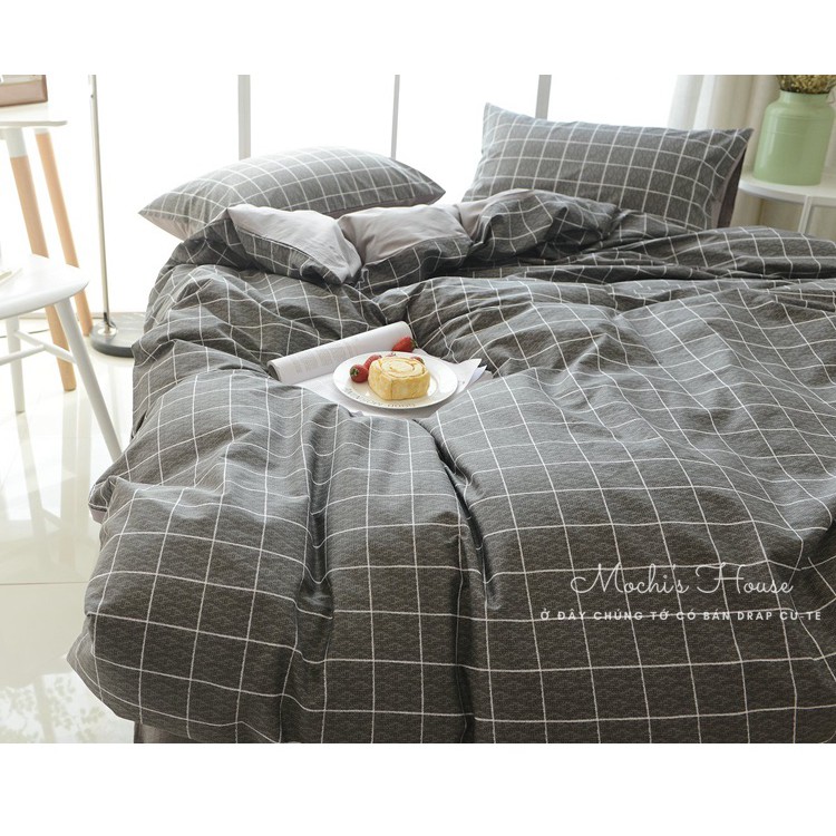 BỘ CHĂN GA GỐI COTON POLY CARO XÁM CỰC SANG, DRAP GIƯỜNG ĐẸP