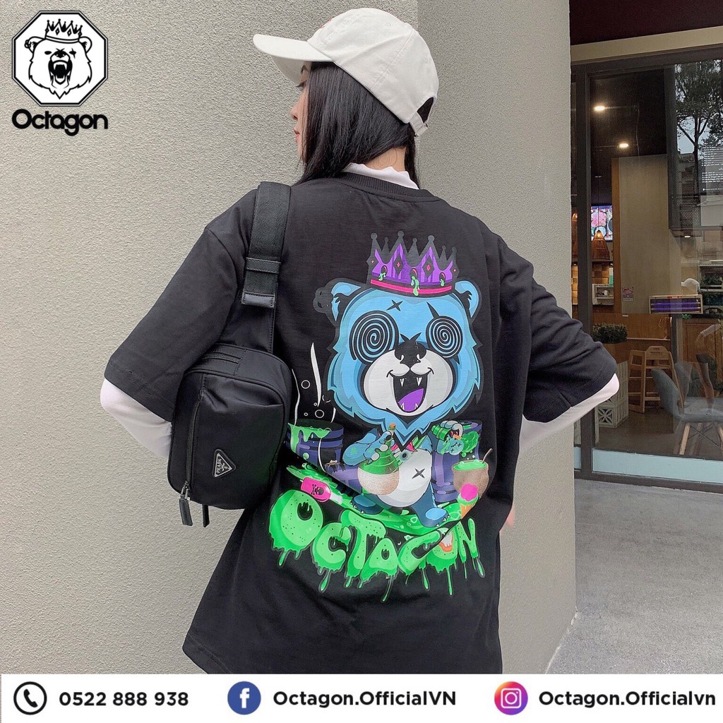Áo Thun Tay Lỡ Nam Nữ OCTAGON PSYCHO BEAR Màu Đen Form Oversize