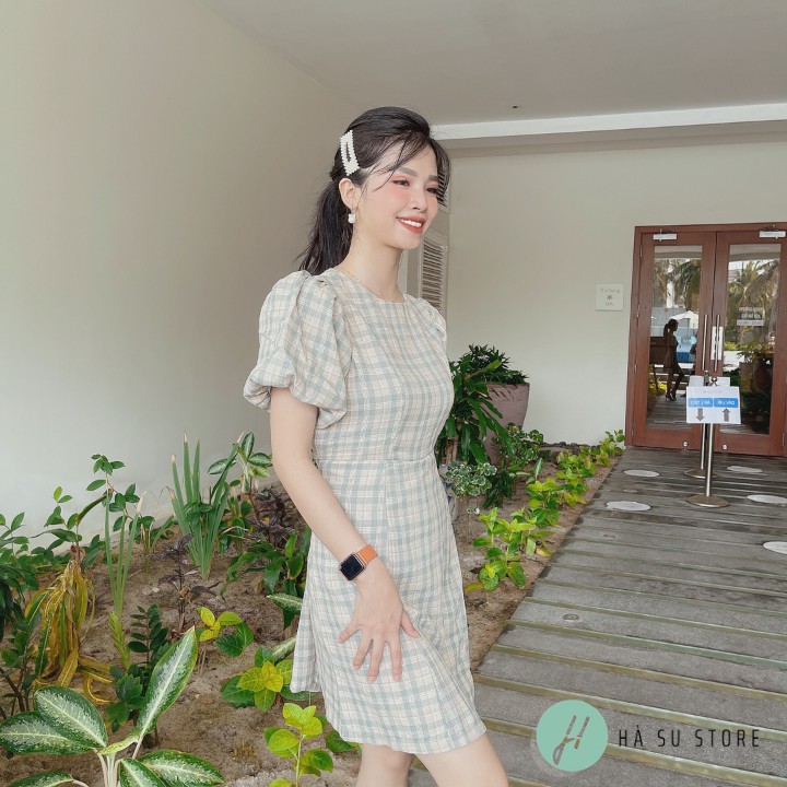 [Ảnh+Video thật] Váy Đầm Babydoll Kẻ Caro Tay Phồng Cổ Tròn cực xinh cho các nàng