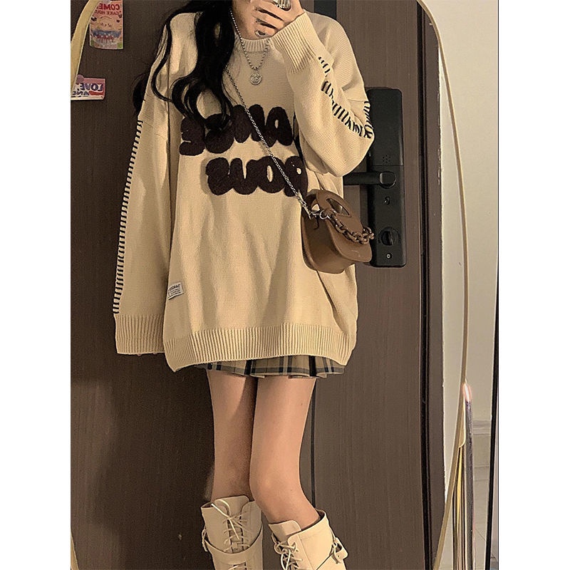 Bộ Áo Sweater Cổ Tròn Kèm Chân Váy Lưng Cao 155cm Thời Trang Thu Đông Hàn Quốc Cho Nữ