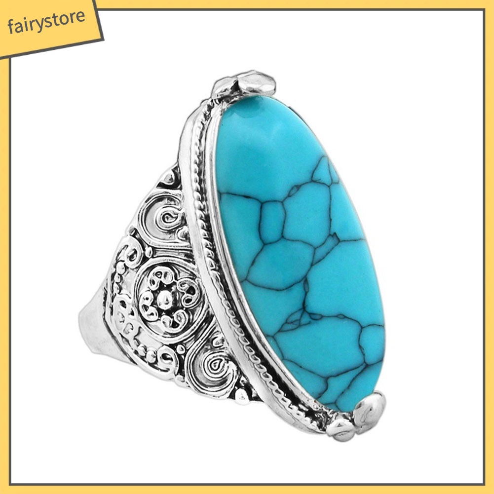 FS_Women Boho Vintage Oval Turquoise Antique Silver Plated Carving Ring Jewelry