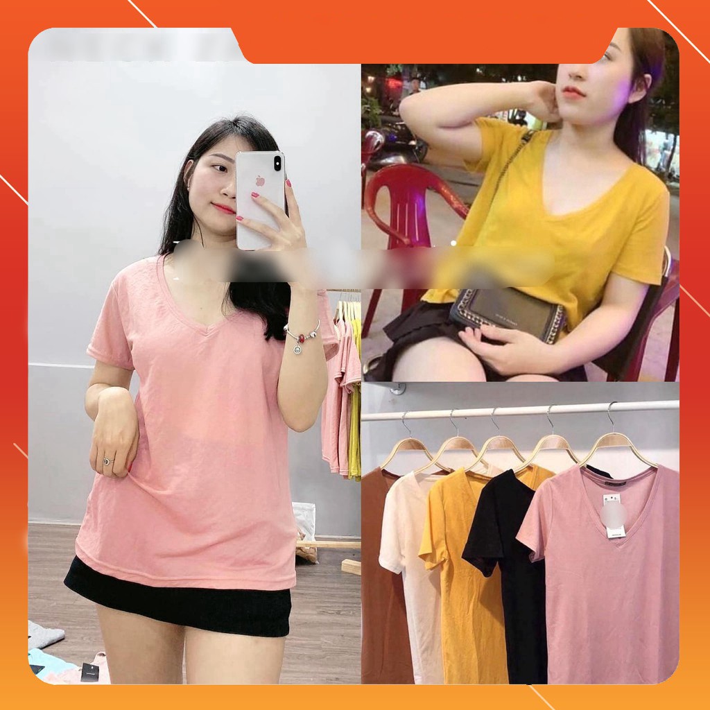 (Sang Chảnh) Áo Thun Trơn Nữ Cổ Tim Nhiều Màu Không Xù Lông - AP0001 Cotton