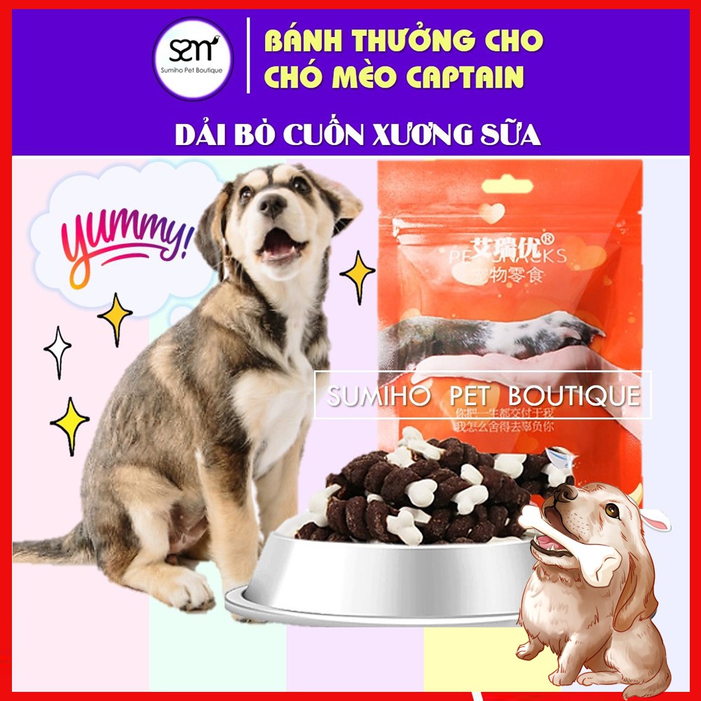 [Mã PETWOW giảm 8% đơn 250K] Bánh thưởng cho chó Captain (Bò cuốn xương sữa) (100gr/6-8 cây nhỏ)