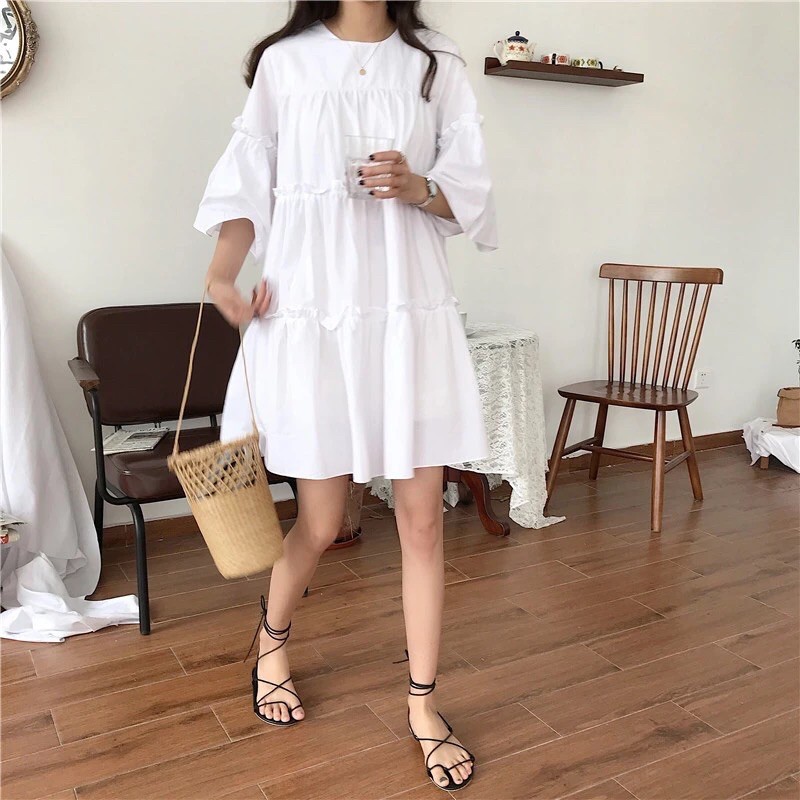 váy đầm nữ màu trắng đen chất mềm mát kiểu BABYDOLL dáng suông tay lỡ thấm hút mồ hôi hàng quảng châu cao cấp | BigBuy360 - bigbuy360.vn