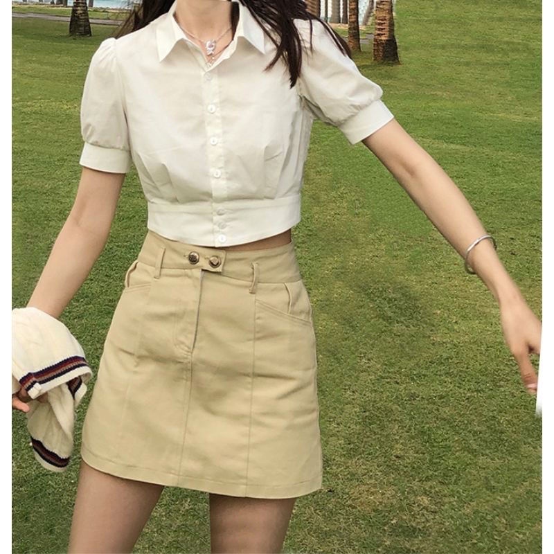 [MURIOKI] Áo Sơ Mi Tay Ngắn Phồng Ôm Dáng Màu Trắng Phong Cách Preppy Cổ Điển Hợp Thời Trang Cho Nữ