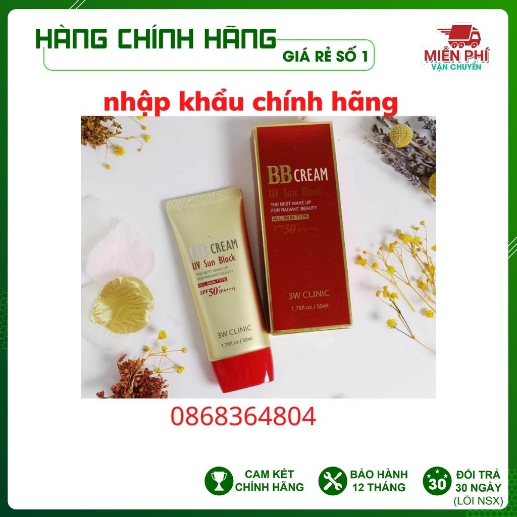 Kem nền trang điểm che khuyết điểm chống nắng BB Cream UV Sun Block 3W Clinic Hàn Quốc 50ml