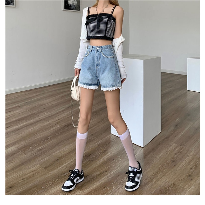 COZOK Quần Short Denim Lưng Cao Ống Rộng Phối Ren Thời Trang