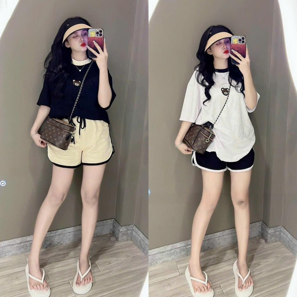 Sét bộ đồ nữ áo cổ tròn tay ngắn họa tiết thêu xinh xắn cá tính phối quần đùi trẻ trung năng động đi chơi