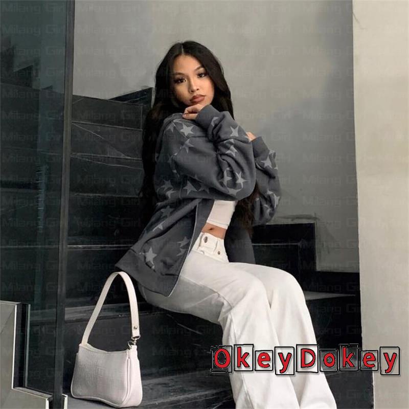 Áo Khoác Dài Tay Có Khóa Kéo In Họa Tiết Ngôi Sao Phong Cách Đường Phố Vintage