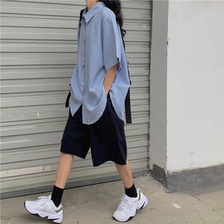 (HÀNG SẴN) Áo sơ mi nữ cộc tay cổ bẻ kẻ sọc caro xanh form rộng style học sinh cá tính Hàn Quốc