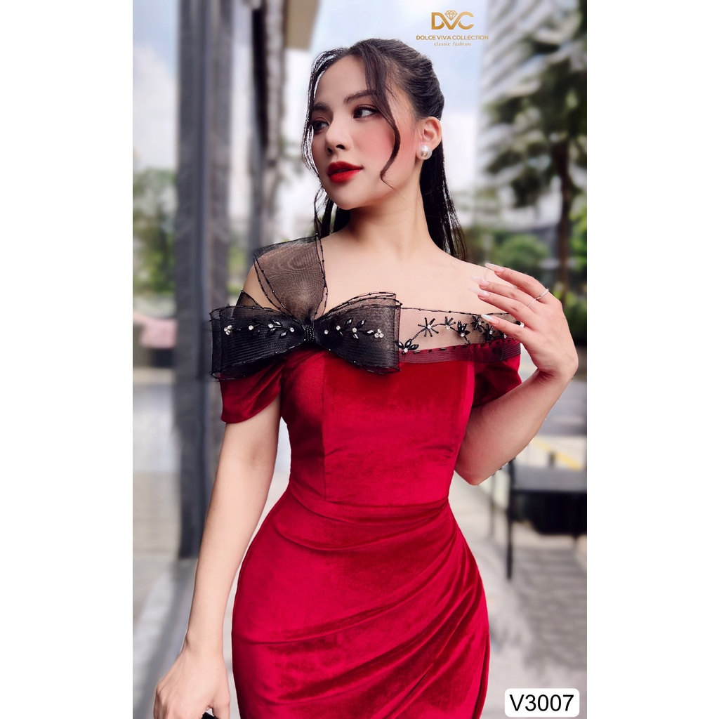 Váy thiết kế cao cấp dự tiệc đám cưới nhung đỏ V3007 -DVC