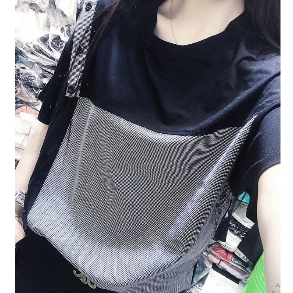 Áo Thun Đen Tay Ngắn Dáng Rộng Chất Liệu Polyester Thời Trang Mùa Hè Phong Cách Hàn Quốc Cho Nữ