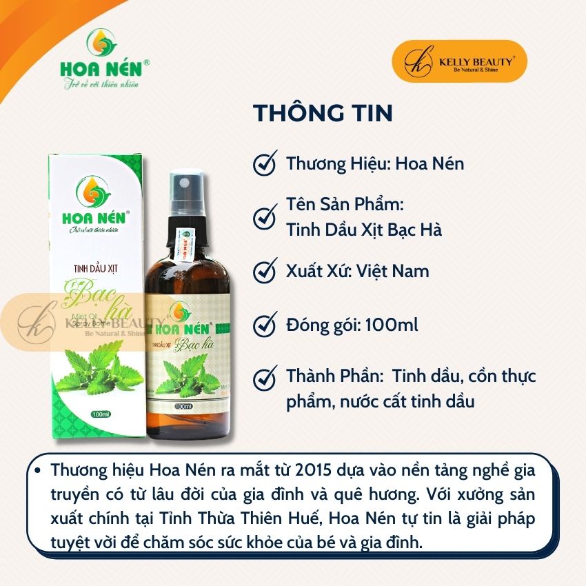 Tinh Dầu Xịt Bạc Hà HOA NÉN 100ml - Khử Mùi, Kháng Khuẩn; Thanh Lọc Không Khí, Đuổi Côn Trùng | Kelly Beauty