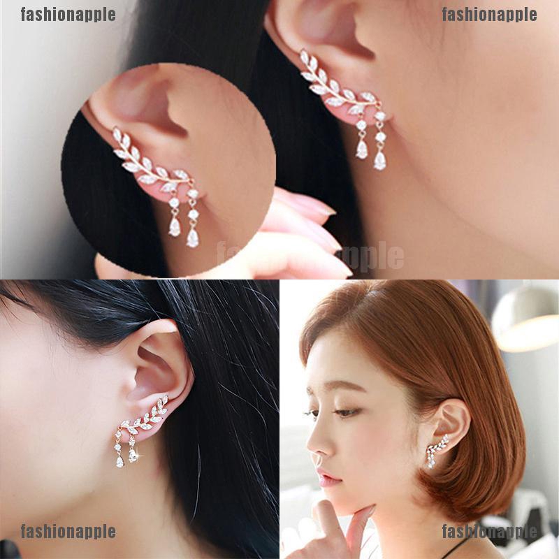 Bông tai hợp kim hình lá đính đá xinh xắn