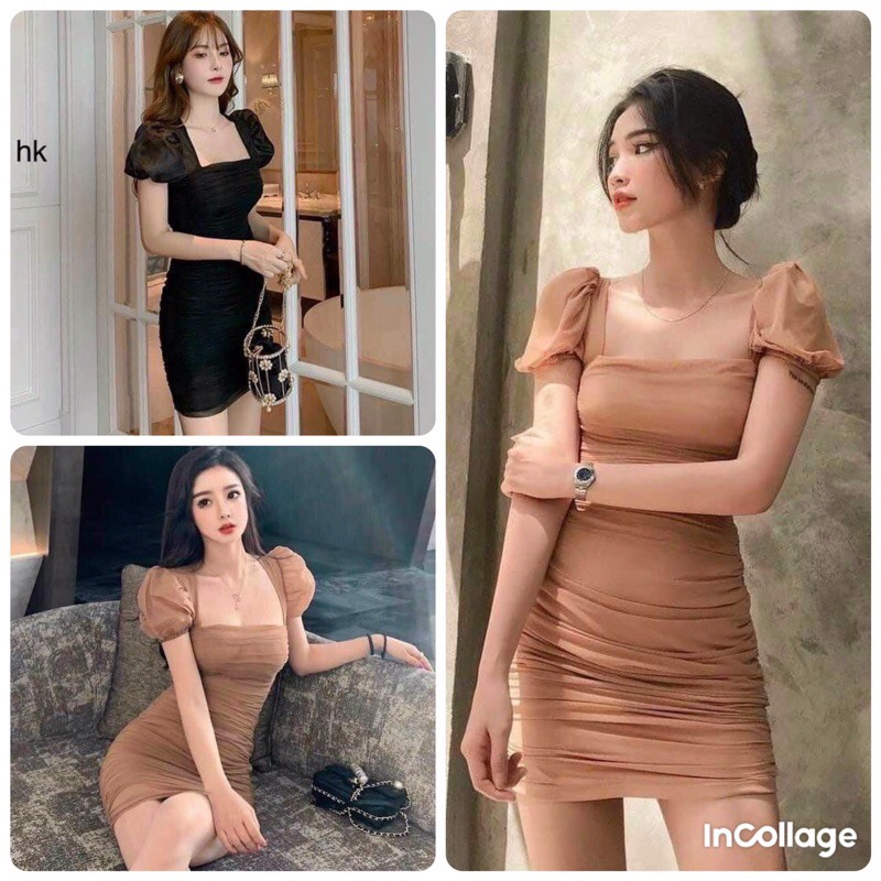 Váy body cổ vuông, váy body zúm siêu sang chảnh