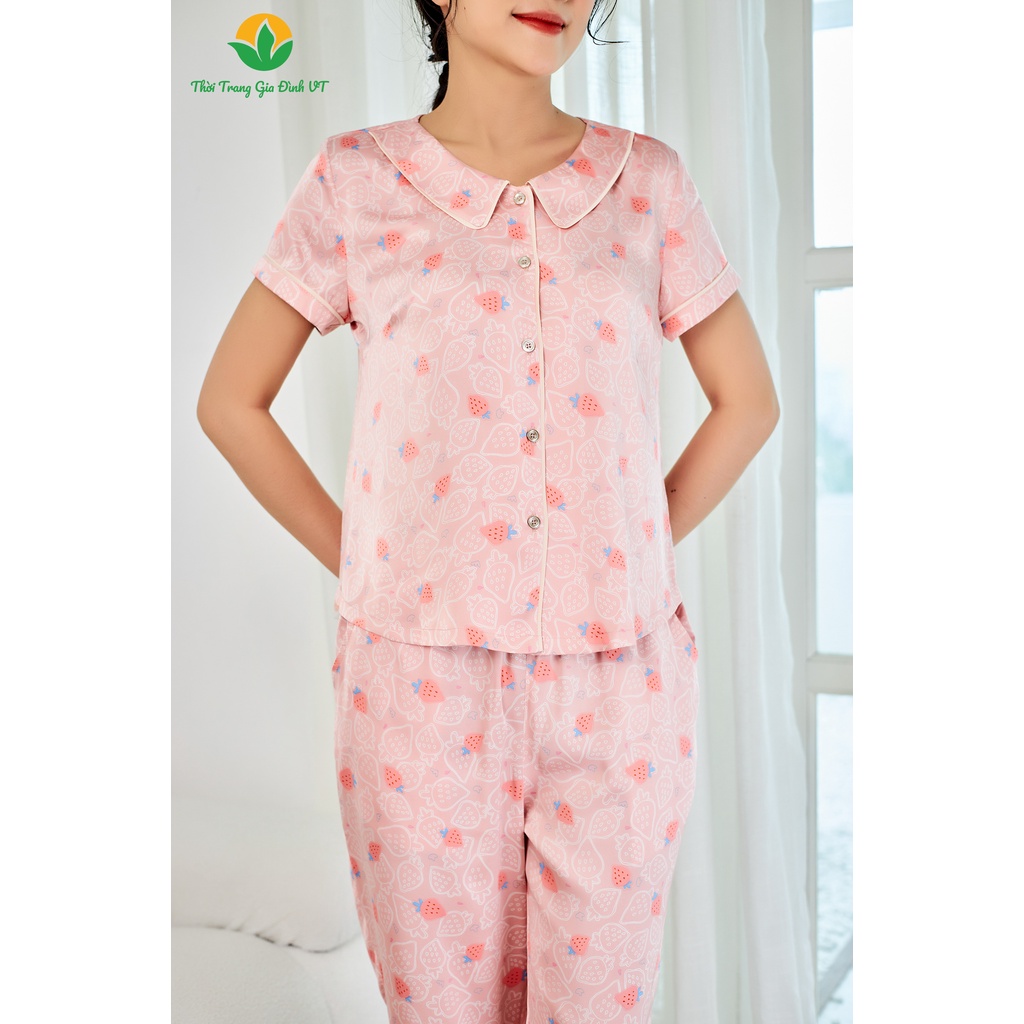 Bộ pijama lụa quần lửng áo cộc tay Việt Thắng nữ họa tiết - B46.2206