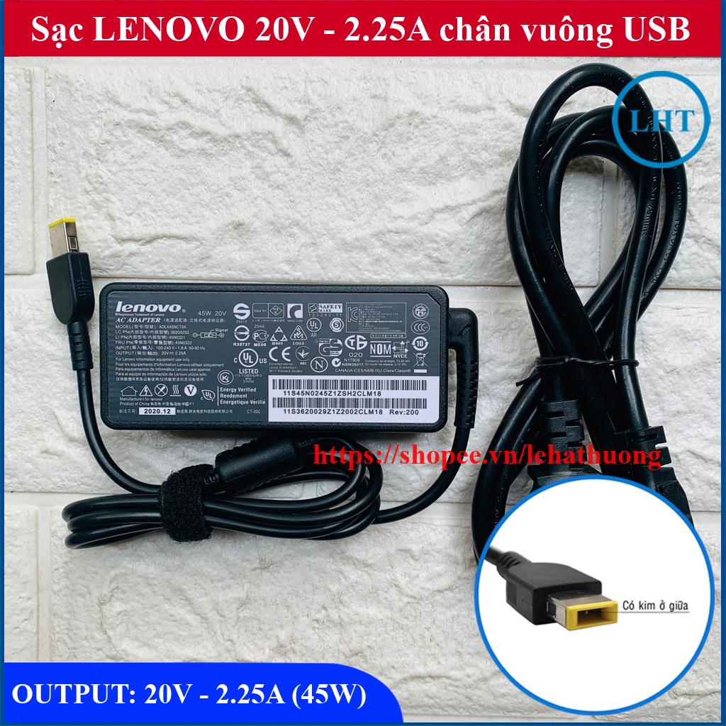 Sạc Laptop Lenovo 20V - 2.25A (45W) chân vuông USB - màu Đen
