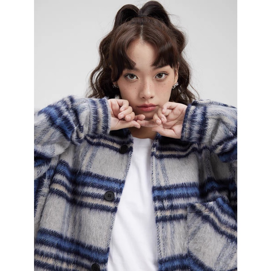 Áo Dạ Tweed Cổ Bẻ Form Rộng Siêu Sang Chảnh, Áo Sơ Mi Dạ Kẻ Xanh