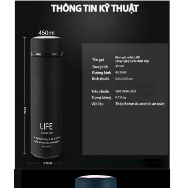 Bình giữ nhiệt cao cấp DUNG TÍCH 450ml, CONG NGHỆ CÁCH NHIỆT KÉP-LIFE