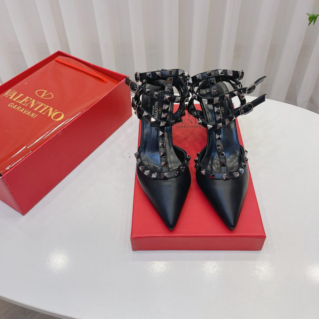 Sandal valen đinh 3 quai da xi đinh kim loại sang chảnh, gót 7cm