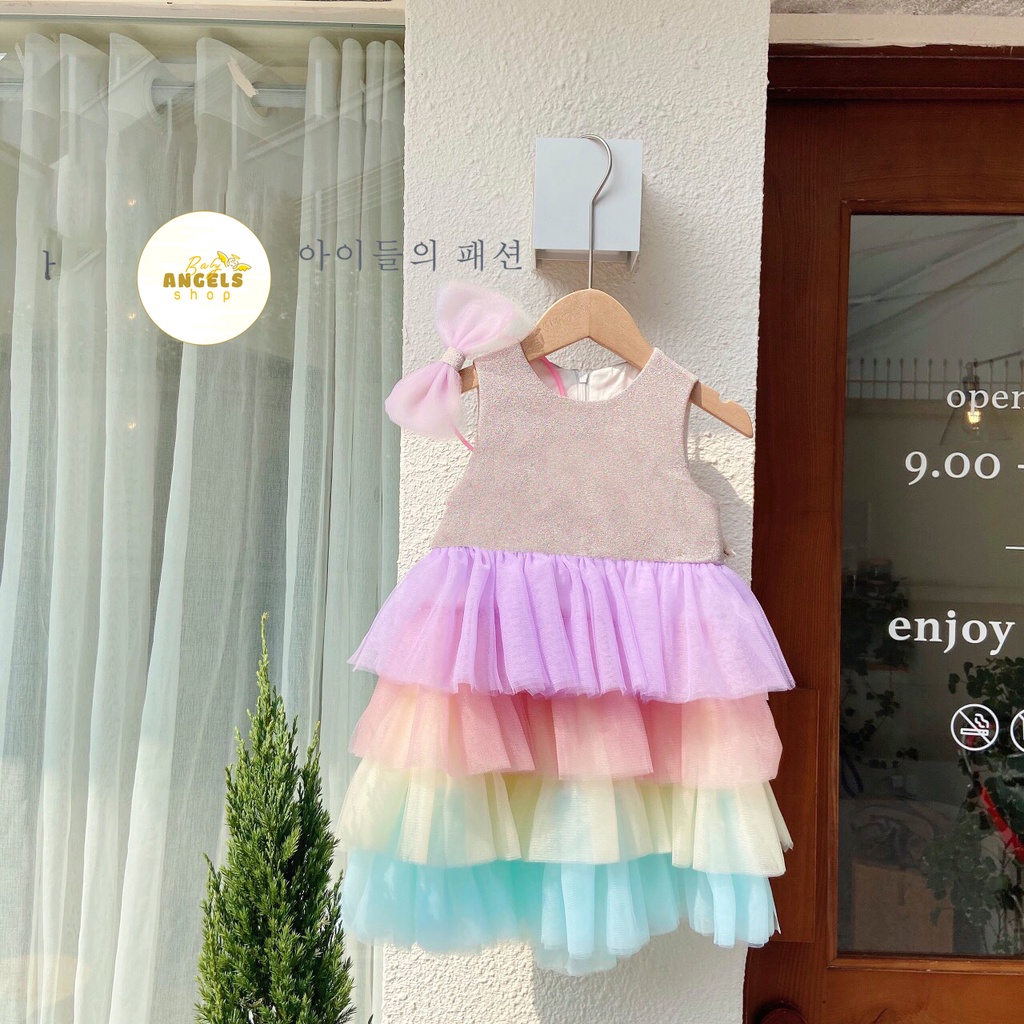 (10-23kg) Váy kim tuyến phối ren xòe kèm bờm nơ cho bé gái/ Đầm công chúa bé gái