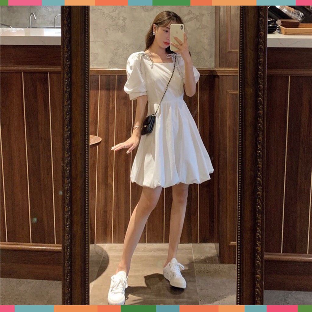 Đầm Nữ Ngắn Tay Bồng Nơ Cài Vai Hai Màu Siêu Xinh Nơ Vai ️🎶 Váy Nữ Dáng Xòe Cổ Vuông Đáng Yêu | BigBuy360 - bigbuy360.vn