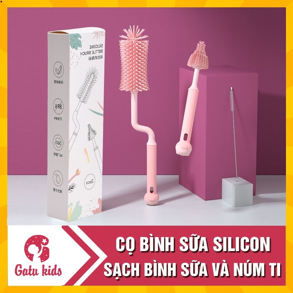 Cọ bình sữa Silicon cao cấp 2 chi tiết có tay cầm xoay 360 độ dùng cho mọi loại bình