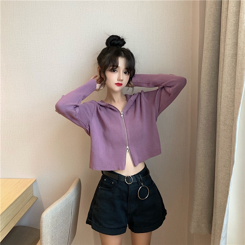 Áo Croptop Tay Dài Có Mũ Trùm Đầu Cho Nữ