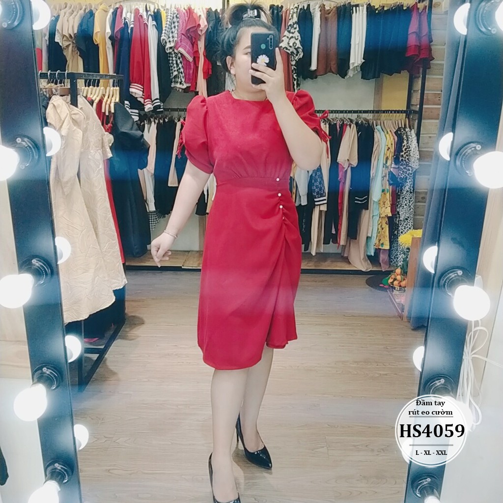 Đầm bigsize nữ dáng xòe tay rút eo đính cườm đi tiệc Huệ Shyn HS4059 - Màu đỏ, đen - váy bigsize 55-90kg - L XL XXL