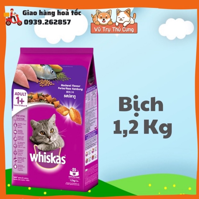 Hạt Whiskas dành cho mèo trưởng thành đủ 3 vị, bịch 1.2Kg