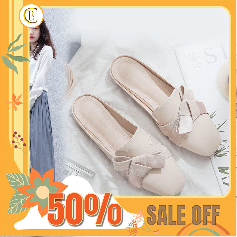 Dép Sục nữ da trơn phối vải buộc nơ cao 2cm