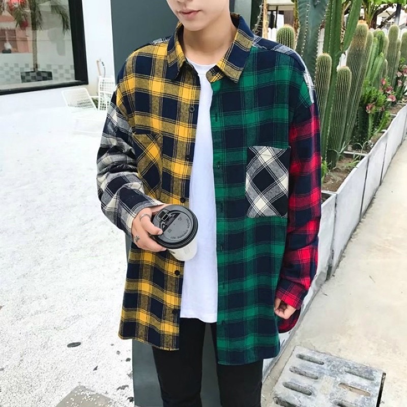 &lt;&lt;Có sẵn&gt;&gt; Áo sơ mi flannel caro tay dài phối màu phong cách Hàn quốc dành cho nam trẻ trung cá tính
