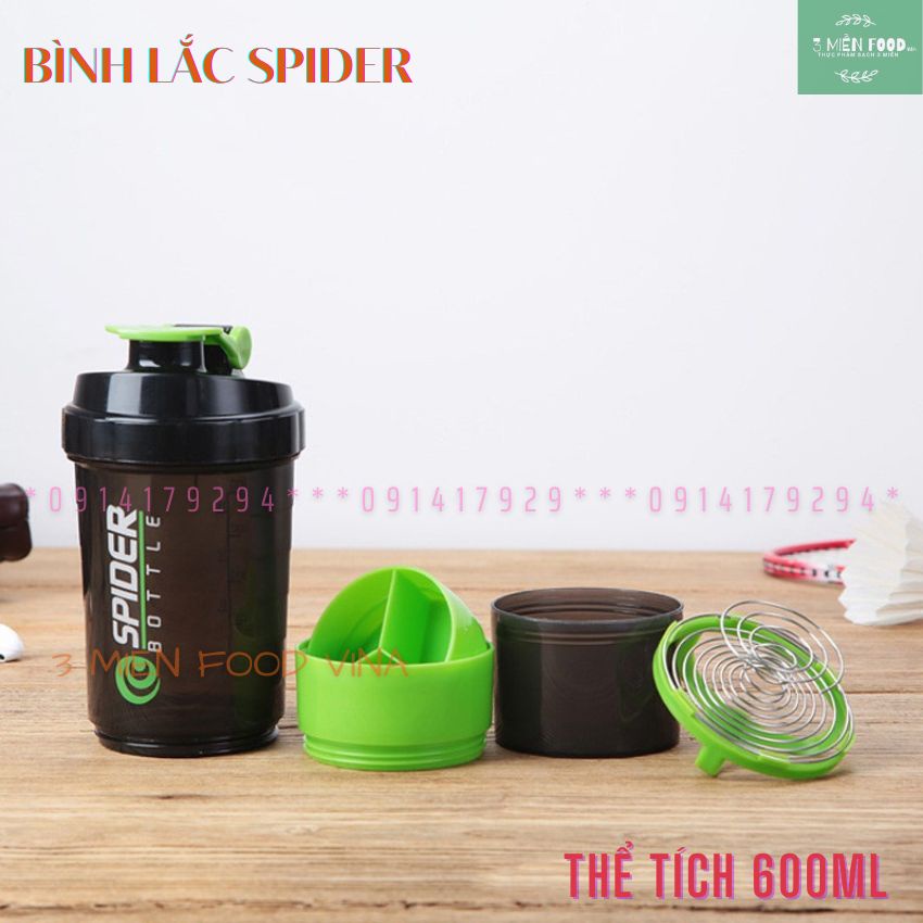 Bình Nước Thể Thao Tập Gym Bình Lắc Whey Spider Đựng Protein có 3 Ngăn Tiện Dụng 600 ML-3 miền food vina