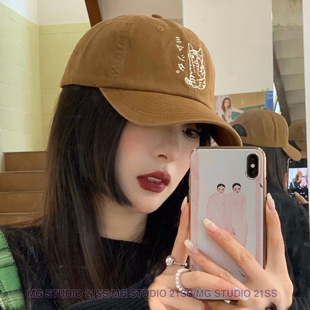 Mũ lưỡi trai MG STUDIO thêu chữ và hình mèo 6 màu tùy chọn