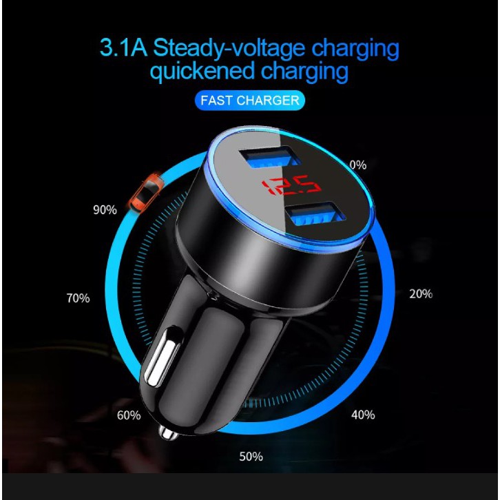 Tẩu Sạc Điện Thoại Trên Ô tô 12-24V 2 USB 3.1A Tích Hợp Màn Hình Hiển Thị LCD