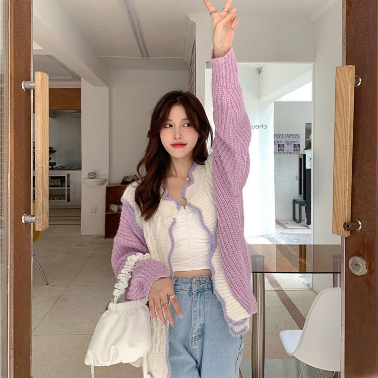 Áo Khoác Cardigan Dệt Kim Màu Tím Thời Trang Mùa Thu Mới Cho Nữ 2021