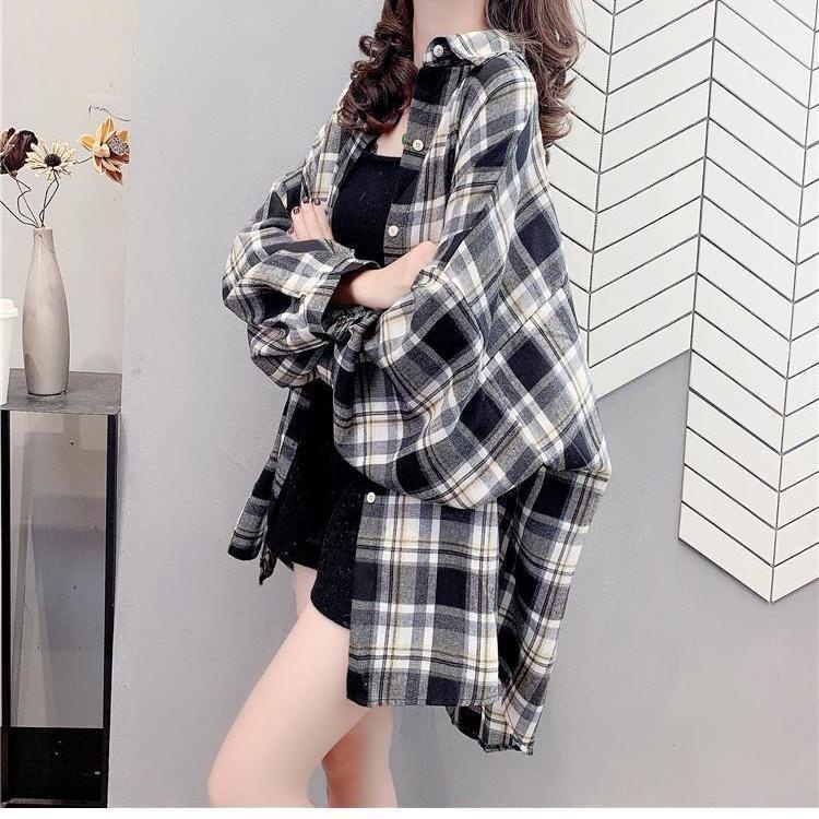 Áo Khoác Sơ Mi Caro Tay Dài Chống Tia uv Phong Cách Hàn Quốc Cho Nữ