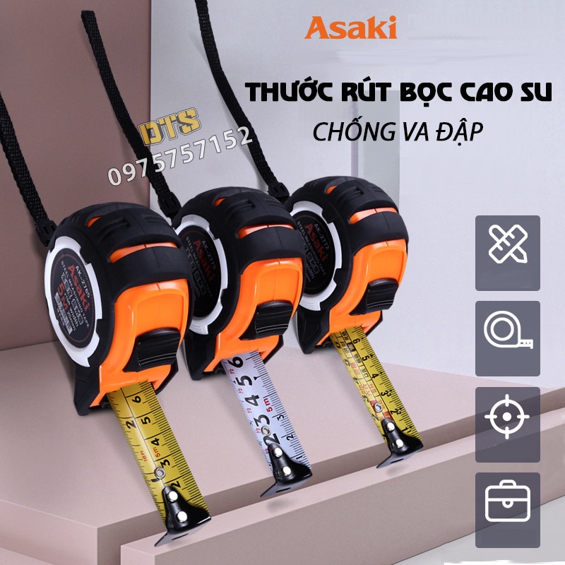 Thước kéo chống va đập Asaki, thước rút nền trắng số to rõ ràng, thước cuộn thép độ chính xác cao, vỏ bọc cao su ABS bền