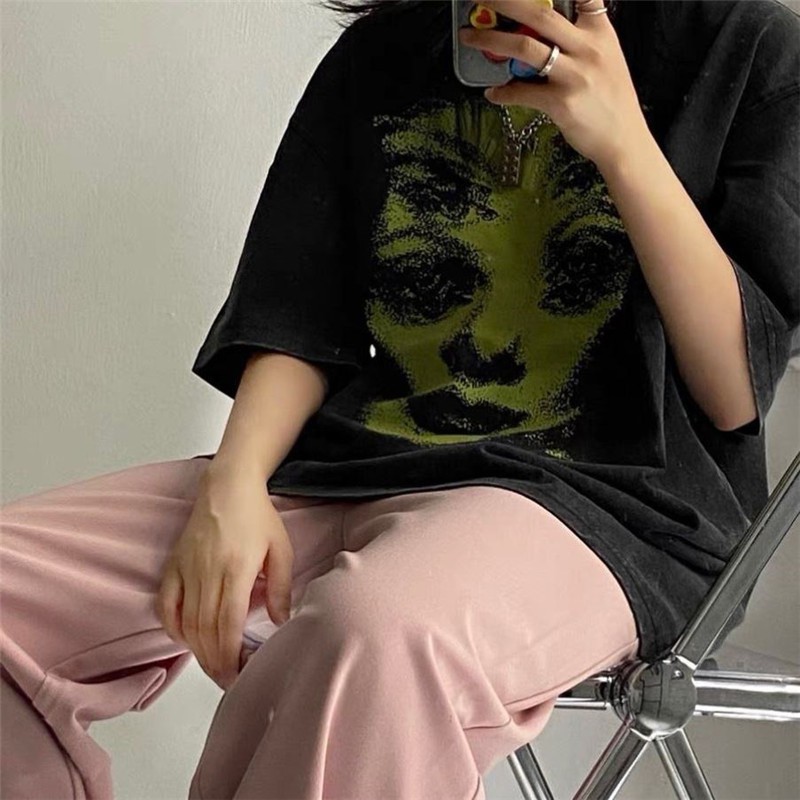 Đen Áo Thun Tay Ngắn Dáng Rộng In Họa Tiết Phong Cách Hip Hop Thời Trang Cho Nữ